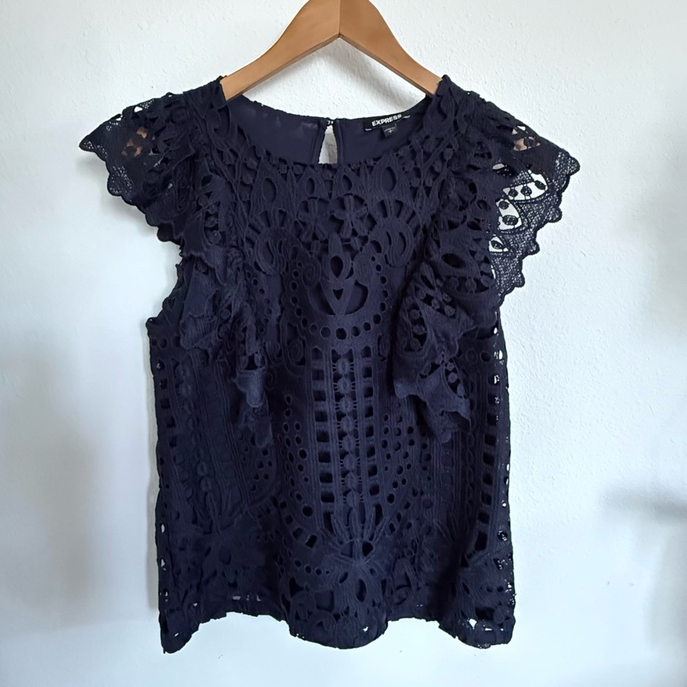 Express Navy Blue Crochet Ruffle Sleeveless Blouse (Size S/P)